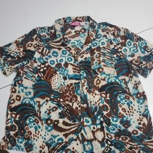 Cappagallo Womens Button Front Shirt White Blue Geometric Short Sleeve Pocket XL